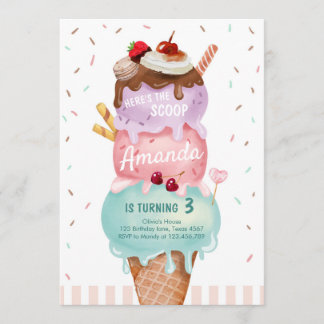 Pink Mint Ice Cream Cone Scoop Verjaardag Uitnodig Kaart