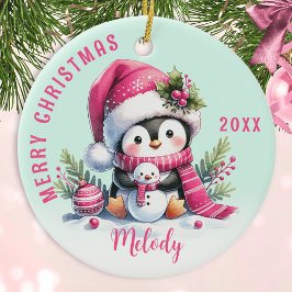 Pink Mint Monogrammed Merry Christmas Schattigee P Keramisch Ornament