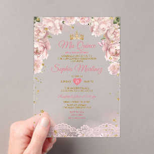 Pink Miss Quince Crown Gold Quinceañera Butterfly Acryl Uitnodigingen