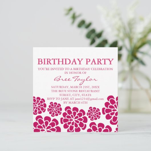 Pink Mod Flower Design verjaardagsuitnodiging Kaart (Staand voorkant)