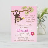 Pink Mod Monkey Girls Birthday Party Invite Kaart (Staand voorkant)