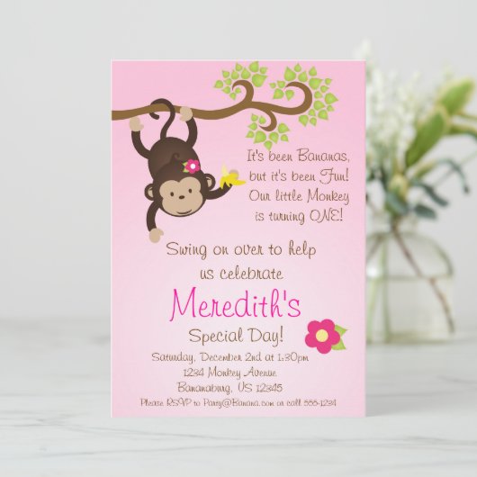 Pink Mod Monkey Girls Birthday Party Invite Kaart (Staand voorkant)