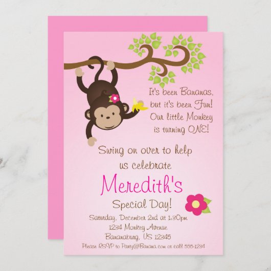 Pink Mod Monkey Girls Birthday Party Invite Kaart (Voorkant / Achterkant)