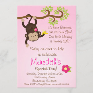 Pink Mod Monkey Girls Birthday Party Invite Kaart