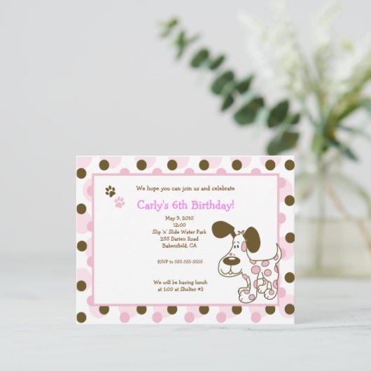 PINK MOD PUPPY Girl Birthday Invitations Kaart (Staand voorkant)
