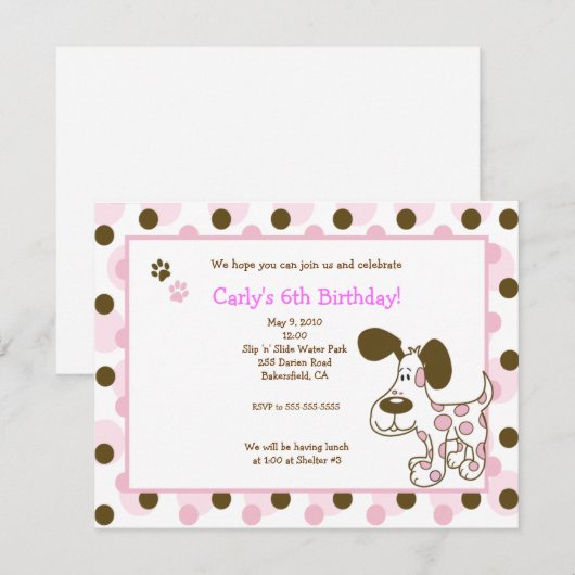 PINK MOD PUPPY Girl Birthday Invitations Kaart (Voorkant / Achterkant)