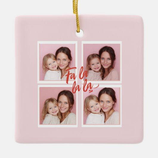 Pink Modern Christmas Photo Collage | Fa la la la Keramisch Ornament (Voorkant)