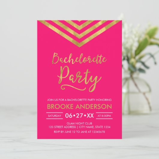 Pink Modern Faux Gold Chevron Bachelorette Party Kaart (Staand voorkant)