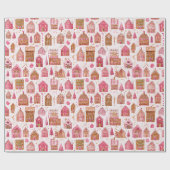 Pink Modern Gingerbread House Wrapping Paper Cadeaupapier (Vlak)