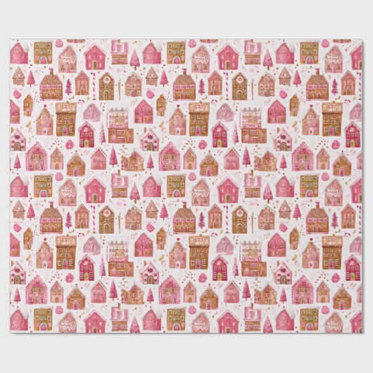 Pink Modern Gingerbread House Wrapping Paper Cadeaupapier (Vlak)
