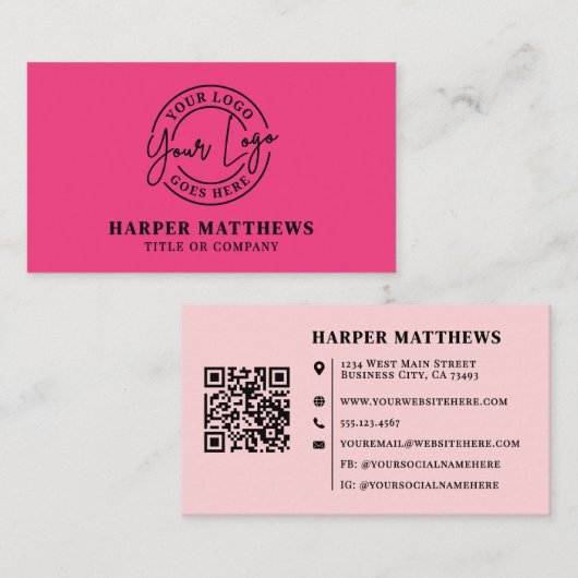 Pink Modern Minimalist Logo QR Code Business Card Visitekaartje (Voorkant / Achterkant)