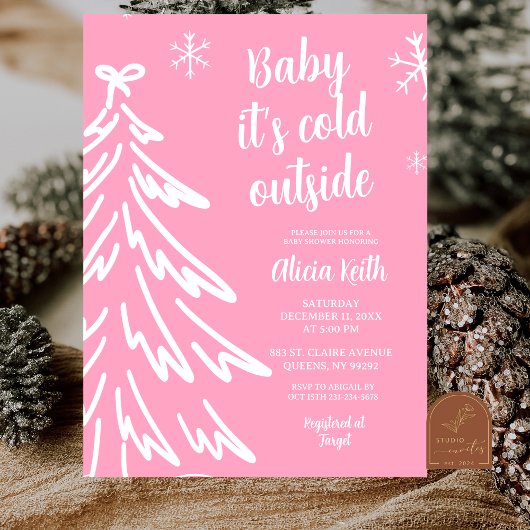 Pink Modern Minimalist Winter Baby Shower Kaart