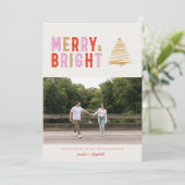 PINK MODERN RETRO MERRY & BRIGHT | 1 Fotokaart Kaart (Staand voorkant)