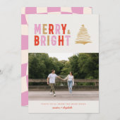 PINK MODERN RETRO MERRY & BRIGHT | 1 Fotokaart Kaart (Voorkant / Achterkant)