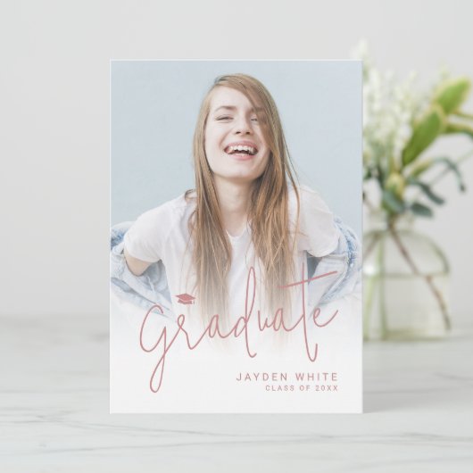 Pink Modern Script 4 Photo Afstuderen aangekondigd Kaart (Staand voorkant)