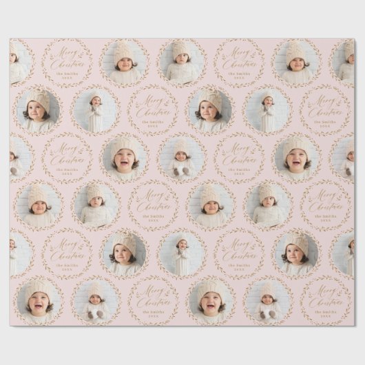 Pink Modern Script Merry Christmas Family 6 photo Cadeaupapier (Vlak)