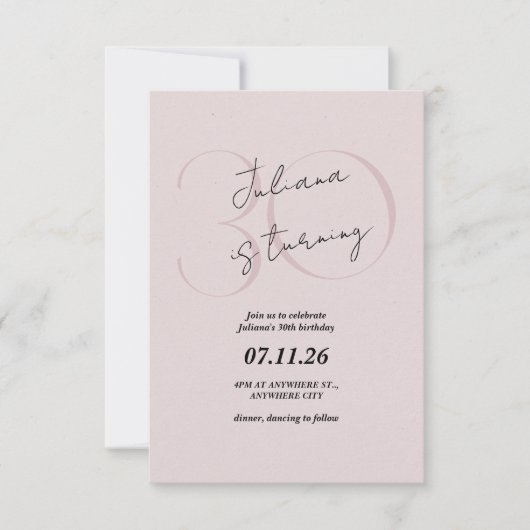 Pink Modern, Simple 30th Birthday Invitation Kaart (Voorkant)