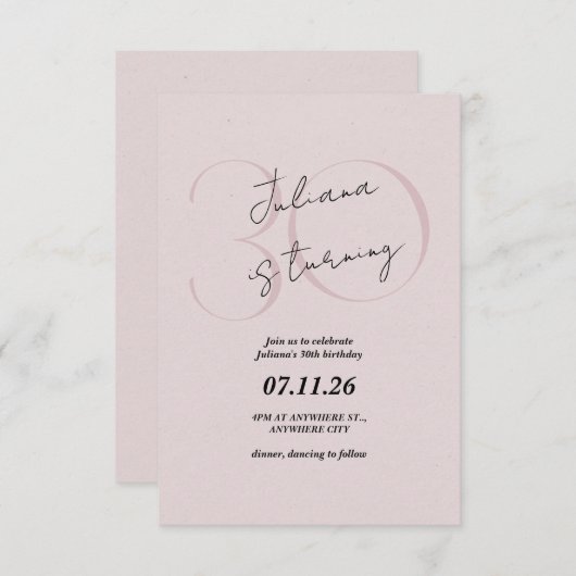 Pink Modern, Simple 30th Birthday Invitation Kaart (Voorkant / Achterkant)