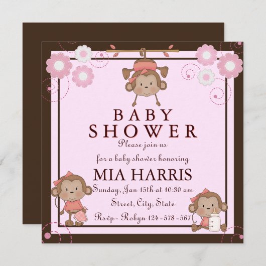 Pink Monkey Baby shower Kaart (Voorkant / Achterkant)