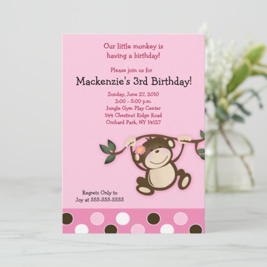 Pink Monkey Girl Birthday Uitnodiging (Staand voorkant)