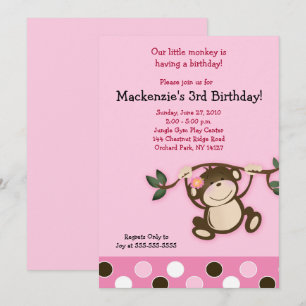 Pink Monkey Girl Birthday Uitnodiging