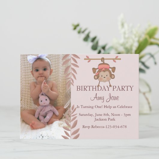 Pink Monkey Verjaardag Uitnodiging (Staand voorkant)