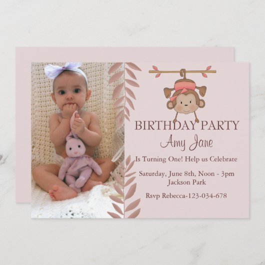 Pink Monkey Verjaardag Uitnodiging (Voorkant / Achterkant)