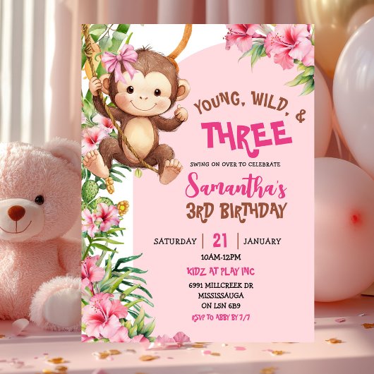 Pink Monkey Young Wild Three Third Birthday Kaart