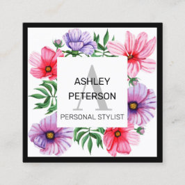 Pink Monogram Floral Girly Cute Personalized Vierkante Visitekaartje