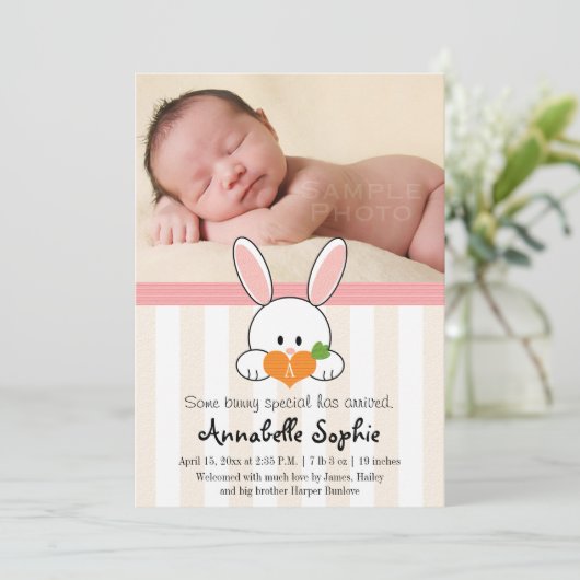 PINK MONOGRAMMED BUNNY RABBIT BIRTH ANNOUNCTION AANKONDIGING (Staand voorkant)
