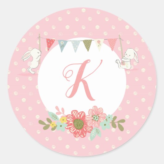 Pink Monogrammed Bunny Ronde Sticker (Voorkant)