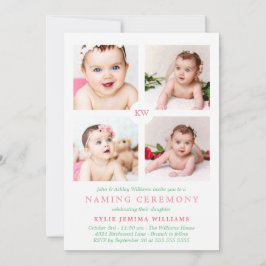 Pink Monogrammed Photo Collage Naming Ceremony Feestdagenkaart