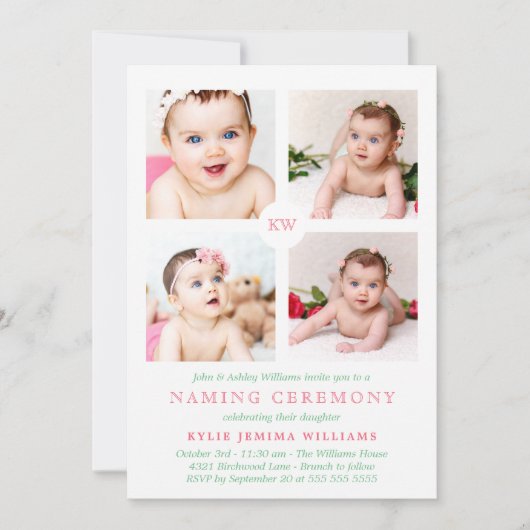 Pink Monogrammed Photo Collage Naming Ceremony Feestdagenkaart (Voorkant)