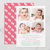 Pink Monogrammed Photo Collage Naming Ceremony Feestdagenkaart (Voorkant / Achterkant)
