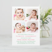 Pink Monogrammed Photo Collage Naming Ceremony Feestdagenkaart (Staand voorkant)
