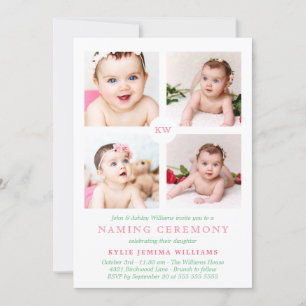 Pink Monogrammed Photo Collage Naming Ceremony Feestdagenkaart