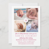 Pink Monogrammed Photo Collage Naming Ceremony Kaart (Voorkant)