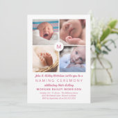 Pink Monogrammed Photo Collage Naming Ceremony Kaart (Staand voorkant)