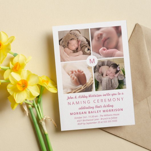 Pink Monogrammed Photo Collage Naming Ceremony Kaart