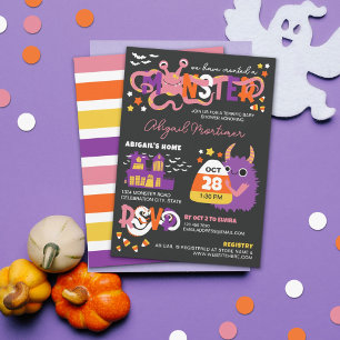 Pink Monster Typography Halloween Baby shower Kaart