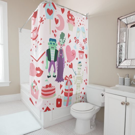 pink monster valentines bride frankenstein mummy douchegordijn (In situ)