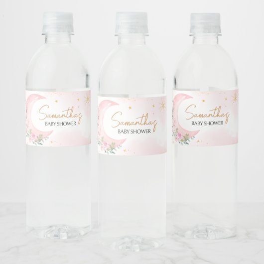 Pink Moon and Stars Baby shower Waterfles Etiket (Flessen)