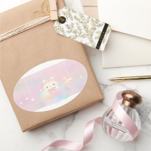 Pink Moon and Stars Little Bunny Girl Baby shower Ovale Sticker