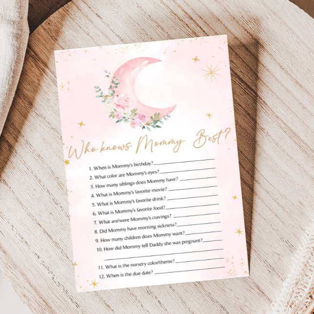Pink Moon and Stars Shower Who Knows Mommy Game (Floral Monn and Stars Baby Shower Game)