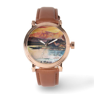 PINK MOUNTAINES LAKE ALPINE SUNSET LANDSCAPE HORLOGE