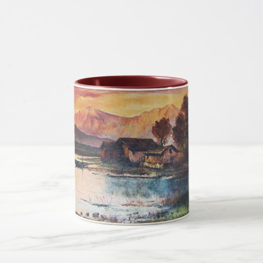 PINK MOUNTAINES LAKE ALPINE SUNSET LANDSCAPE MOK (Midden)