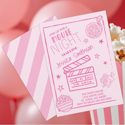 Pink Movie Night Party Verjaardag Kaart