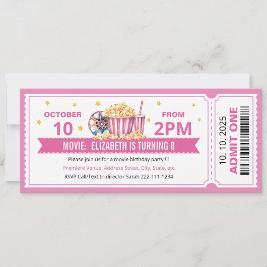 Pink Movie ticket birthday invitation Kaart (Voorkant)