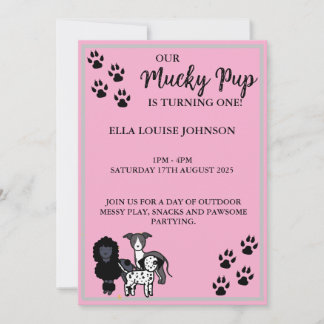 PINK MUCKY PUP- 1E VERJAARDAG UITNODIGEN - PERSONL FEESTDAGENKAART