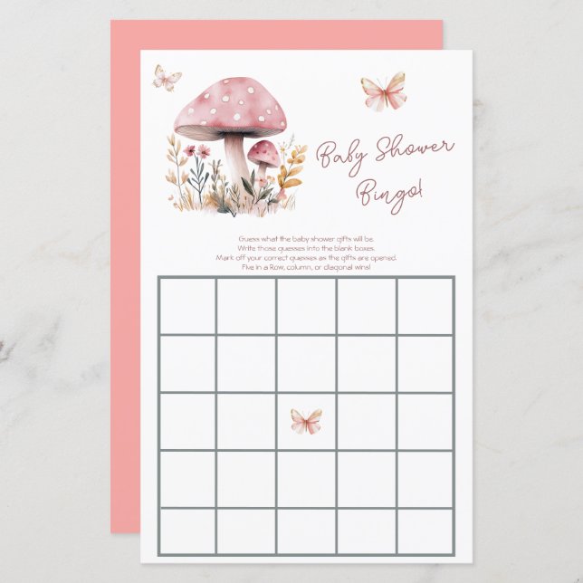 Pink Mushroom Woodland Baby shower Bingo (Voorkant / Achterkant)